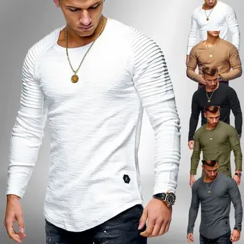 Pavasarį ir rudenį naujas vyrų atsitiktinis mados plisuotos kietosios spalvos vyriški ilgomis rankovėmis marškinėliai