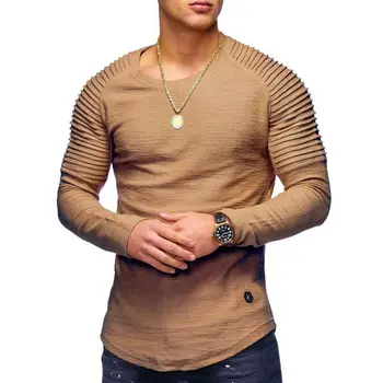 Pavasarį ir rudenį naujas vyrų atsitiktinis mados plisuotos kietosios spalvos vyriški ilgomis rankovėmis marškinėliai