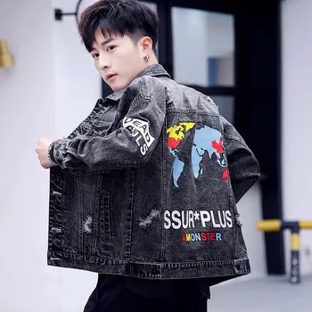 Pavasarį, rudenį 2020 Mados hip-hop streetwear vyriški drabužiai laiškas išspausdintas džinsinio striukė korėjos slim studentų striukė vyrams