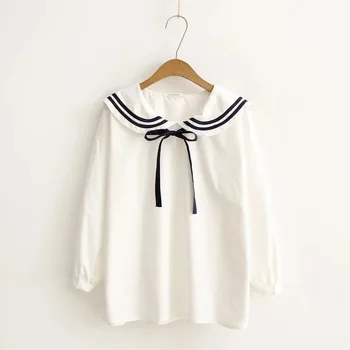 Pavasarį, Rudenį, Medvilnės Marškinėliai Moterims Japonija Stilius Saldus Sailor Apykaklės Lašas Pečių Lankas Nėriniai-up Prarasti Palaidinės Studentų 2020 m.