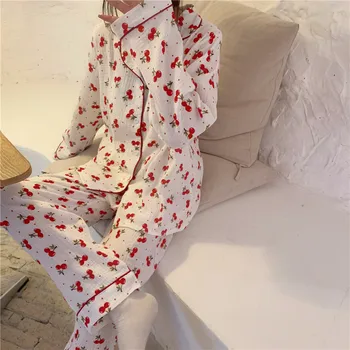 Pavasarį, rudenį, mielas medvilnės namų kostiumas baltas vyšnių spausdinimo pižama nustatyti vintage marškinėliai kelnės pižamos sleepwear namų drabužių Y173
