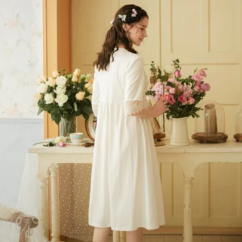Pavasarį, Rudenį Moteris Princesė Trumpas Rankovėmis Nėrinių Miega Suknelė Balta Derliaus Pižamą Medvilnės Patogus Sleepwear Moterų