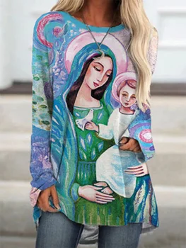 Pavasarį, Vasarą 2021 Karšto Pardavimo Mergelės Marijos Krikščionių Jėzus Spausdinti Atsitiktinis ilgomis Rankovėmis Golfo Raundo Kaklo Plonas Moterų Top marškinėliai