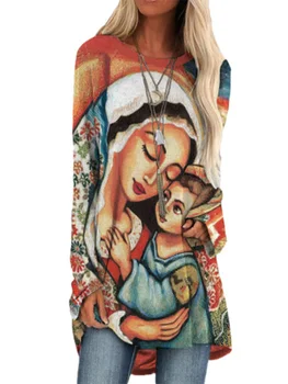 Pavasarį, Vasarą 2021 Karšto Pardavimo Mergelės Marijos Krikščionių Jėzus Spausdinti Atsitiktinis ilgomis Rankovėmis Golfo Raundo Kaklo Plonas Moterų Top marškinėliai
