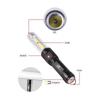 Pelėda led worklight cob magnetinio žibintuvėlis įkraunamas naudoti 18650/AAA baterijos, nešiojamų prožektorius atsparus vandeniui darbo lemputė