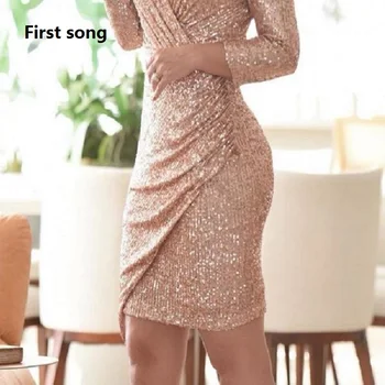 Pirmąją dainą moterų sexy giliai V-kaklo, blizgančiais ruožas medžiaga ilga suknelė 2019New rudenį ir žiemą, supjaustyti ilgomis rankovėmis pokylių suknelė