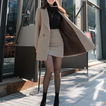 Pledas vilnonis paltas tiktų rudens ir žiemos naujų korėjos versija įrankinis aukšto juosmens krepšys klubo sijonas 2-dalių rinkinys moterims