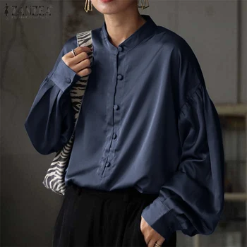 Plius Dydis Mados Ištepti Marškiniai moteriškos OLIS Stiliaus Palaidinės 2021 ZANZEA Atsitiktinis Sluoksniuotos Rankovėmis Blusas Moterų Mygtuką Tunika Viršūnes Chemise