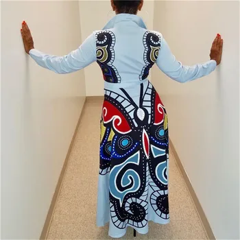 Plius Dydis Moterų Maxi Suknelė ilgomis Rankovėmis Derliaus Spausdinimo Dashiki Afrikos Suknelės Damoms Mygtuką Elegantiškas Marškinėliai Ilga Suknelė