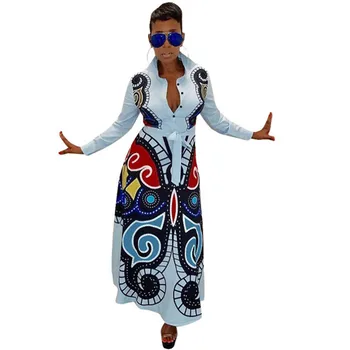 Plius Dydis Moterų Maxi Suknelė ilgomis Rankovėmis Derliaus Spausdinimo Dashiki Afrikos Suknelės Damoms Mygtuką Elegantiškas Marškinėliai Ilga Suknelė