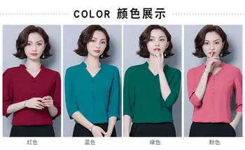Plius dydžio vientisos spalvos šifono marškinėliai moterims zawalcowany paprastas stilius temperamentas V-kaklo užsienio rankovėmis Palaidinės moteris pavasario vasaros