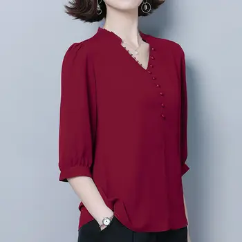 Plius dydžio vientisos spalvos šifono marškinėliai moterims zawalcowany paprastas stilius temperamentas V-kaklo užsienio rankovėmis Palaidinės moteris pavasario vasaros