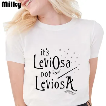 Plunksnų T Marškinėliai Moterims tai LeviOsa ne LeviosA Laiškas spausdinti Juokingi grafikos tees moterų Mados Minkštas Atsitiktinis White T marškinėliai Topai