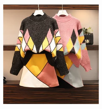 Plus Size 2019 Žiemos Pledas 2 Gabalas Sijonas Tinka Moterims Pusę-aukštos Apykaklės Megztinis + Mini Sijonas Tinka Šiltas Mados korėjos 2 Vnt Rinkiniai