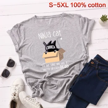 Plus Size 5XL Moteris Katė Print T Shirt Vasaros Medvilnės, trumpomis Rankovėmis Marškinėlius Harajuku Ponios Viršūnes Atsitiktinis Animacinių filmų Pagrindinio Tees Marškinėliai