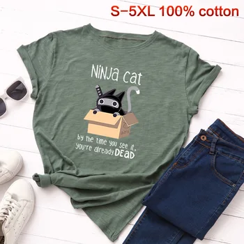 Plus Size 5XL Moteris Katė Print T Shirt Vasaros Medvilnės, trumpomis Rankovėmis Marškinėlius Harajuku Ponios Viršūnes Atsitiktinis Animacinių filmų Pagrindinio Tees Marškinėliai