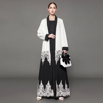Plus Size Balta Juoda Abaja Kimono Moteris Ilgai Nėrinių Maxi Cardigan Dubajus Turkijos Islamo Arabų Malda Drabužių, Apsiaustą Musulmane Femme