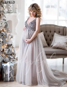 Plus Size Skiedra Kristalų Vakarinę Suknelę Nėščioms Moterims, V Kaklo Linija Tiulio Ilgai Oficialią Suknelės Pritaikyti Motinystės Suknelė Šalis