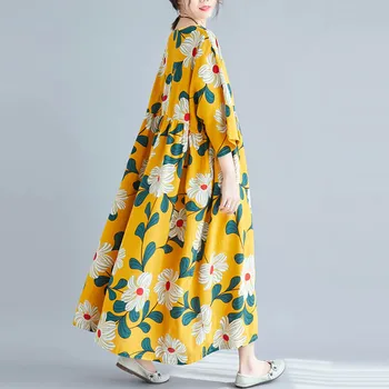 Plus Size Spausdinti Gėlių Medvilnės, Lino Suknelė Moterims Geltona Ponios Suknelės Vasaros Atsitiktinis Palaidų Ilgai Gėlių Suknelė 4XL 5XL 6XL 7XL 2019