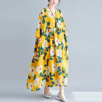 Plus Size Spausdinti Gėlių Medvilnės, Lino Suknelė Moterims Geltona Ponios Suknelės Vasaros Atsitiktinis Palaidų Ilgai Gėlių Suknelė 4XL 5XL 6XL 7XL 2019