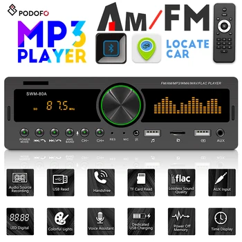 Podofo 1DIN In-Dash automobiliniai Radijo imtuvai, Bluetooth Audio Stereo Muzikos Automobilių Mp3 Grotuvas, AUX-IN AM/FM su mobiliojo APP ir automobilių paieškos funkcija