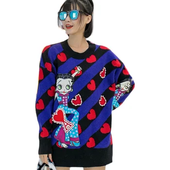 Ponios megzti megztinis animacinių filmų sunkiosios pramonės išorinis vilkėti džemperis moterims prarasti tingus stilių, spalvų mados megzti viršuje tendencija