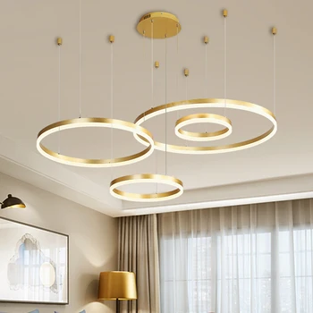 Post-Modernus Žiedų LED Pakabukas Šviestuvo Lempos šviesos srautą galima reguliuoti Kavos Aukso Apskrito Kabinti Pakaba, Šviesos, Miegamojo Lempa blizgesio Nuotolinio
