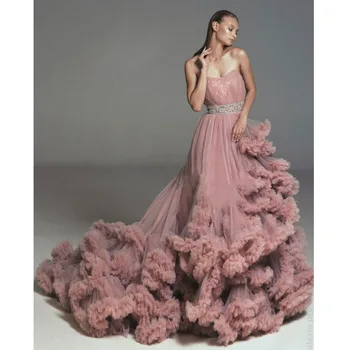 Prabanga Dusty Pink Motinystės Suknelė, Ilgas Mantijas Už Photoshoots Sodrus Susiėmę Tiulio Stebėjimo Moterų Suknelės, Ilgai Traukinio Fotografija