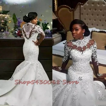 Prabanga Kristalai Afrikos Undinė Vestuvių Suknelės 2020 Užtrauktukas Atgal Ilgomis Rankovėmis Sunku Puošnios Nuotakos Suknelė Vestido De Noiva