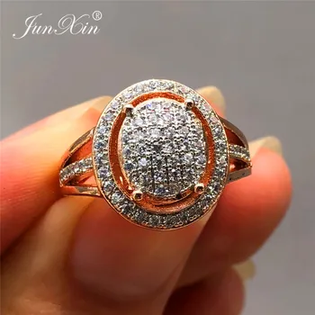 Prabanga Moterų Big Kristalų Ovalo Formos Akmens Žiedas Cute Rožinė Aukso Spalvos Cirkonis Vestuvių Pažadas Žiedai Sužadėtuvių Žiedai Moterims