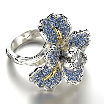 Prabanga Moterų Didelis Baltas Mėlyna Gėlė, Žiedas, Žavesio Kristalų Cirkonis Akmuo Sužadėtuvių Žiedas Elegantiškas Aukso Spalvos Vestuviniai Žiedai Moterims
