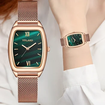 Prabanga Moterų Žalia Ryšys Apyrankės Žiūrėti Ledies Kvarco Žiūrėti Laikrodis Mados Tinklelio Diržo Rose Gold Kūrybos Suknelė Laikrodžiai