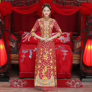 Prabanga senovės Royal Red Kinijos Tradicinių vestuvių suknelė Nuotakos Siuvinėjimo Cheongsam Moterų Rytietiškas Drakonas 