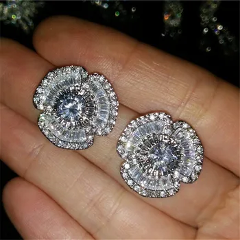 Prabangių Gėlių Diamond Stud Auskarai Nekilnojamojo 925 sterlingas sidabro Papuošalai Žavesio Dalyvavimas Vestuvių Auskarai Moterims, Dovanų Šalis
