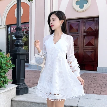 Prabangos Prekės 2019 M. Vasarą Baltoji Moteris Nėrinių Suknelė Akių Tuščiaviduriai Iš Perspektyvos Seksualus Šalis Suknelė Vestidos V-kaklo Lady Mini Suknelė