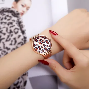 Prabangus Aukso Laikrodžių Prekės ženklo Moterų Laikrodžiai Leopard print Plieno Tinklelio, Watc Mados Ponios Žiūrėti Moterų Laikrodžiai Laikrodis zegarek damski