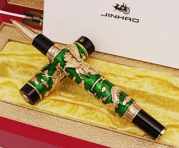 Prabangus Rankų darbo Jinhao Roller Ball Pen, Žalia Cloisonne Double Dragon Pen Advanced Amatų Rašyti Dovanų Rašiklį Verslo Absolventas
