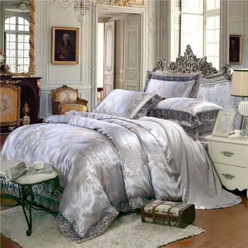 Prabangus satino žakardo patalynės komplektas queen/king size lova nustatyti auksas, sidabras spalva 4pcs medvilnės, šilko, nėrinių antklode padengti nustato drobulė 40