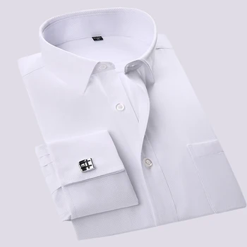 Prancūzija rankogalių segtukai Balta Apykakle Smokingas Shirt Mens oficialų ilgomis rankovėmis Vyrų suknelė Marškiniai Socialinės Spausdinti Mados Kokybės, su kišenėje