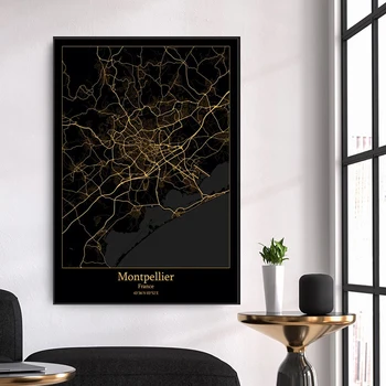 Prancūzijos Monpeljė Žemėlapis Plakatas Juoda Auksinėje Miesto Žemėlapį Individualų Drobė Spausdinti Šiuolaikinės Tapybos Sienos Menininko Namų Puošybai