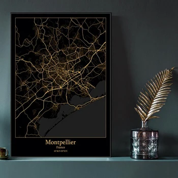 Prancūzijos Monpeljė Žemėlapis Plakatas Juoda Auksinėje Miesto Žemėlapį Individualų Drobė Spausdinti Šiuolaikinės Tapybos Sienos Menininko Namų Puošybai