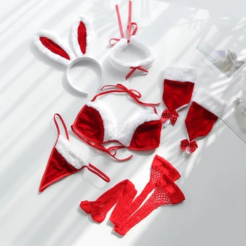 Prancūzijos Moterų Anime Triušis Zuikis Kalėdų Cosplay Kostiumai Šalis, Miela Seksuali Bikini Erotinis Apatinis Trikotažas Babydoll Sexy Santa Suknelė