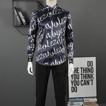 Prekės Laiškai Spausdinami Marškinėliai vyrams Prabanga ilgomis rankovėmis Slim Camisas masculina aukštos kokybės verslo vyras suknelė Marškiniai 2019 Chemise