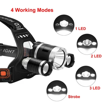 Priekinių žibintų Aukšto LumensT6+4Q5/T6+2Q5 Ultra Ryškus LED Žibintų 4 Režimai Įkrovimo Vandeniui Lauko Žvejybos Žibintuvėlis Medžioklė