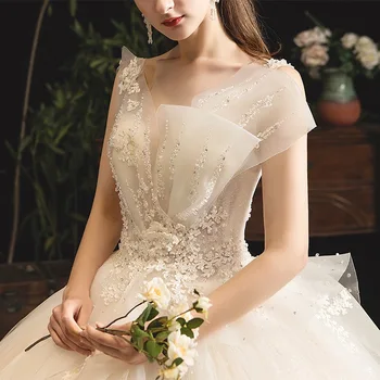 Princesė Prabangių Vestuvių Suknelės Rankovių Nėrinių Appliques Zawalcowany Kristalų Iliuzija Šviesos Šampano Blizga Nuotakos Suknelė Elegantiškas 2021
