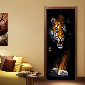 PVC Lipni Vandeniui Tapetai, 3D Stereo Tigras Gyvūnų Freskomis Kambarį Vyresniojo Miegamojo Durų Lipdukas Kūrybos 
