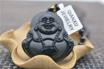 QIANXU Juodasis Obsidianas Buda Karoliai Pakabukas Jade Pakabukas Nuvarytas Papuošalai Fine Jewelry