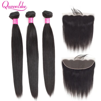 QueenLike Produktų Peru Nėriniai Priekinio Uždarymo Su Ryšulių, Žmogaus Plaukų Ne Remy 3 4 Tiesūs Plaukai Ryšulius Su Priekinės