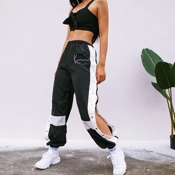 QWEEK Poilsiu Moterų Kelnės Aukštu Juosmeniu Kratinys Sweatpants Moterų Haremas Kelnės Pusės Split Mygtuką Panelled Kelnės Streetwear