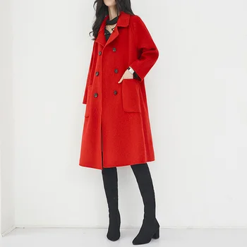 Raudona dvipusis kašmyro paltą moteriai naujas 2020 dvigubai drauge vilnos zylė yra purus audinys kailis